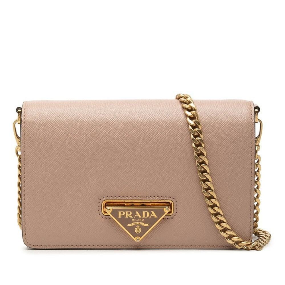 Prada Triangle Logo Plate Chain Shoulder Bag Pink Beige Saffiano